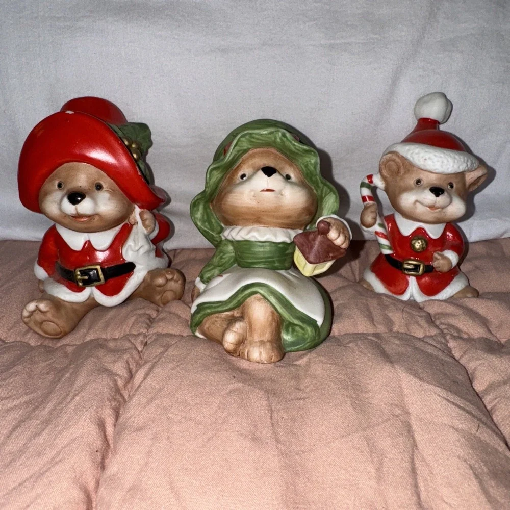 Vtg Homco Christmas Bear Family Figurines #5600 Vintage Set of 3